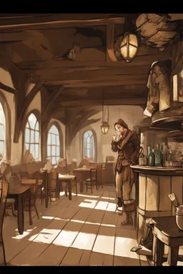 interior of a dnd tavern with people at round tables