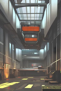 a scifi hanger with crates on the ceiling and floor and walls