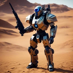 A futuristic humanoid futuristic soldier cyber robot warfcraft aiming in a desert environment. The futuristic Warcraft soldier robot has a military futuristic style, equipped with what appears to be armor plates and carrying a rifle. It wears a backpack and boots. Its head has a futuristic large dark visor, giving it an insect-like appearance. The background is arid with reddish-brown soil and a bright sky, reminiscent of Mars or dry regions on Earth.