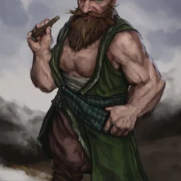 dnd, fantasy, watercolour, stylistic, portrait, illustration, dull colours, male, dwarf, face, bearded, long brows, frugal, weathered face, green eyes, determined, happy, red hair, very long hair streaming down the shoulders, radiating light, five o'clock shadow, softer facial features, dignified