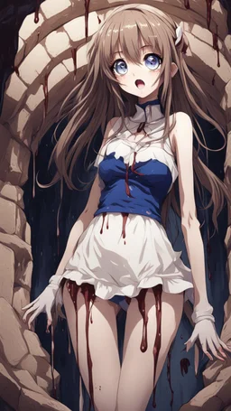 Anime girl with big eyes, darkblue and sepia tones, fullbody, slime, the perspective looking up from the bottom of an empty well, rolling eyes, tongue out, blood drip, open mouth, big thighs, long hair white,