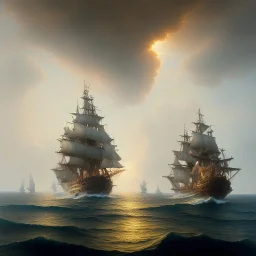 Ship of the line firing broadside, 1793, spanish mediterranean sea, battle, alphonse mucha, greg rutkowski, sharp painting, volumetric lighting, volumetric clouds, maya render, hyper detailed, 8k, uhd, exaggerated colors, fantasy art, felix kelly, seb mckinnon, jessada sutthi, boris vallejo, lin chen