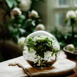 Cinematic shot of peonies inside a glass bowl, glass, crystal, dewdrops, warm lighting, leaves, luxurious, terrarium