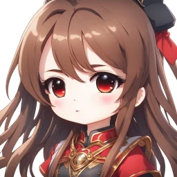 close-up headshot of a chibi girl with long brown hair, vibrant red eyes, cute, childlike, intricately detailed, masterpiece, anime chibi doll, 4k