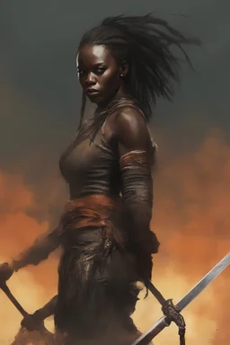 Danai Gurira as "Michonne" movie poster (the walking dead) in the art style of Frank Frazetta