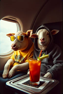 Realistic Grainy vintage analogue glitchy photograph of a contented sow wearing yellow tinted sniper shades and Hawiian shirt sitting next to a sheep with a hoodie reclining on a plane window seat, a Bloody Mary drink with a celery stick garnish sits on seat tray, cloudy skies, faded color old photo, low contrast, vignette, bokeh, heavy film grain and static, absurd