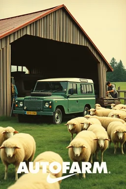 nike print ad from the 80s, mcdonalds ad from the 80s, mac computer ad from the 80s, featuring a landrover being fixed at a farm. sheep are all over the place, company name in bold (AUTOFARM), nike print ad style