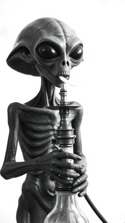 Get An old picture style of black and white mono very bad quality looks very old camera picture of an alien smoking from a hookah or shisha , all white background , year 1900