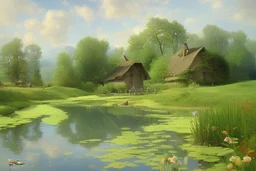 Peder Mork Monsted style, log hut summer,