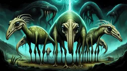 A dark fantasy, scifi theme, from four herd of gentle herbivorous creatures with long necks, one large central eye, Each creature has ONE SINGLE EYE ONLY, one large eye positioned exactly in the center of the face, no second eye, no extra eyes. and two little ears on head and small separate herbivore mouth , no teeth or fangs , rounded bodies dark gray-green skin, standing in a misty landscape with deep colors and many plants,. Curious, slightly uncanny expressions, photorealistic, cinematic