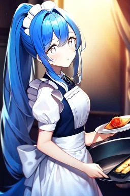 girl, masterpiece, best quality, cinematic lighting, detailed outfit, vibrant colors, perfect eyes, blue hair, long hair, white eyes, ponytail, maid, indoors, looking up, food,