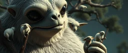 close up on member of jazz giant polar alien sloth gremlin sheep flock climbing trees