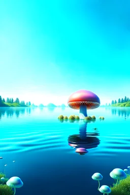 Landscape scene across a lake with mushrooms with jellyfish tentacles floating through a light blue clear sky