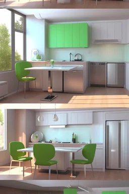 A 3D hyperrealistic image in 4K resolution of a modern party and birthday room approximately 100 square meters in size, with elegantly arranged tables, vibrant green chairs, and an abundance of warm soft light casting a celebratory ambiance, featuring a sleek kitchenette with stainless steel appliances and polished countertops, where guests can gather and mingle, surrounded by the warm glow of tabletop lamps and the subtle sheen of glossy flooring, with every detail meticulously rendered to crea