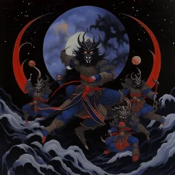 A purplish black shadow moon empire in outer space designed in Japanese Oni masks painted by the Limbourg brothers