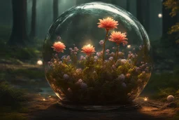 lightning sparkling flowers in floating glass balls, in forest, on lakeside in sunshine detailed matte painting, deep color, fantastical, intricate detail, splash screen, complementary colors, fantasy concept art, 8k resolution trending on Artstation Unreal Engine 5