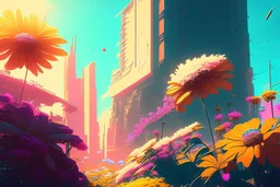 sunny day, flowers, epic, sci-fi, retrowave city