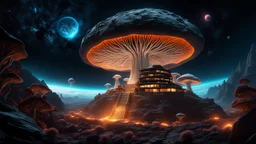 "Space library on an asteroid, mushroom archives, glowing mycelium strands connecting to other cosmic islands, ancient, mystical. Dark, deep colors, 8k, space art."