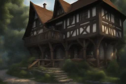 large medieval gothic, wooden inn, with a balcony, next to a cobbled road, in a wood, dense foliage, photo-realistic