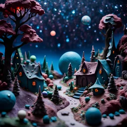 Detailed creepy landscape made of modeling clay, village, stars and planets, Roger Dean, naïve, Tim Burton, strong texture, Ernst Haekel, extreme detail, Max Ernst, decal, rich moody colors, sparkles, bokeh, odd
