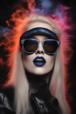 head and shoulders image, Zebulan Titzlegetcha - Kiss Me Deadly - felt pens - Ray-Ban sunglasses - Motley Crue - gothic pale-skinned vampire, fire and multicolored electrified cosmic clouds, Professional quality Photograph by Hoy Tung lu- Multicolored lightning -a smiling, long, blonde hair, blue eyes, goth makeup, black leather biker's jacket, black leather pants, combat boots, black fingerless gloves, sitting on in the forest next to a fire,