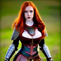 hyper realist, hyper detailed, stunningly beautiful teen girl, long ginger hair, green eyes, medium freckles, full lips, skimpy fantasy intricate leather armour, full body and head, c-cup breasts, aroused expression, centred camera, full frame, petite, centered camera