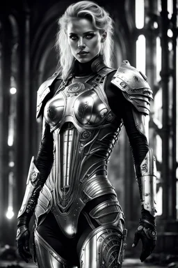 Generate an 8k image of a futuristic Hollywood superstar with android features, inspired by Luis Royo's art, wearing a metallic exosuit.In black and white, he draws the stages of human development from fetus to old age In a long room and a graveyard, and there is only one lighting source