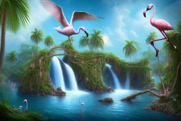 island waterfall palms twigs rope bridge birds flamingos