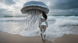 Wide-angle shot of a woman, standing to one side on a beach with huge waves, with dark hair in a silver robotic catsuit, many large jellyfish shaped like mushrooms with tentacles floating in the air, masterpiece, best quality, super detailed