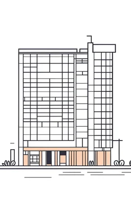 A MODERN HOTEL, flat vector, full view, only draw lines, clean line art, –no sketch, color, –ar 3:4, white background, minimalistic black lines, minimal black color, low level black colors, coloring page, avoid thick black colors, thin black line art, avoid colors, perfect shape, perfect clear lines,