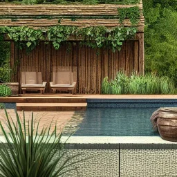 a gorgeous, stunning garden deck with rustic walls and floor, wicker furniture, tranquil pool surrounded by smooth stones, lit candles, plants, cozy, 8k resolution, high-quality, fine-detail, zen-like, digital art, detailed matte, volumetric lighting, illustration, 3D octane render, brian froud, howard lyon, selina french, annie stokes, lisa parker, greg rutowski