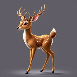 full body of a bald white tail deer with antlers, sultry, standing with big smile facing the left and big eyes looking to the left , tail upward, on flat background, in the style of 'My Little Pony' and Bambi, fantastic lighting