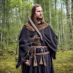 Finnish head portrait, viking age warrior costume, village, meditation, woods, galaxy sky, 8k quality