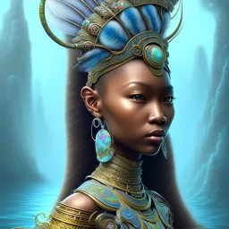 Sango fantasy, fantasy magic, intricate, sharp focus, illustration, highly detailed, digital painting, concept art, matte, art germ and Paul Lewin and Kehinde Wiley, masterpiece Mayan princess dancer head bronze feather's' Asian African girl nice breast Thai hair turquoise silver blue under water