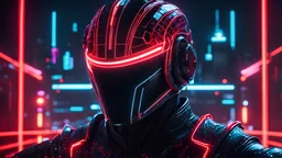 Ares from Tron, sleek daft punk helmet and black armor with red glowing lights, the background is a neon grid simulation virtual digital world visually stunning realm entirely made of programs and data streams with neon-lit cityscapes built from circuits in the style of ready player one, shallow depth of field, vignette, highly detailed, high budget, bokeh, cinemascope, moody, epic, gorgeous, film grain, grainy, backlit, stylish, elegant, breathtaking, visually rich, epic masterpiece, cinematic