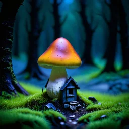 "Close up of a wonderful tiny Mushroom Tower home. Orange and yellow with bright white, deep black and contrasting tones of gray magenta and violet colors. Illuminated bioluminescent forest. Professional painter, master at composition. small but detailed. broken, blurred background, voluminous lighting"