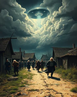Bosch painting style, nightmare , a lot of people running scared in an old village from the 3ed century, dramatic, great quality picture with cinematic scenes , show a UFO among the heavy clouds in the background