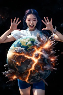 An image of a young Korean woman with a eyes closed expression happy, holding her hands up as if she is reacting to a catastrophic event in front of her. Film, cinematic, realistic, extreme depth of field, She is wearing a white blouse with detail, blue shorts, and sunglasses pushed up onto her head. In front of her, there is a highly detailed planet resembling Earth, dramatically cracking and breaking apart with fiery explosions and molten lava visible at the fractures.
