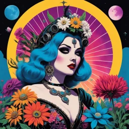 false east, nightmare embrace, pulp sci-fi, retro, dark sci-fi, hippie aesthetic, flower power, trippy colors, tarot, macabre, pin-up girls
