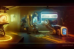 ( cyberpunk 2077, bladerunner 2049 ), a complex thick bifurcated robotic cnc surgical arm cybernetic symbiosis hybrid mri 3d printer machine making a bio chemical lab, art by artgerm and greg rutkowski and alphonse mucha, biomechanical, lens orbs, global illumination, lounge, architectural, f 32