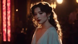 [an alluring 30 years old woman] Princess Eurydice is a living being in flesh, she walks in linen tunic in the vibrant shadows of a Jazz club, she is lost and sad