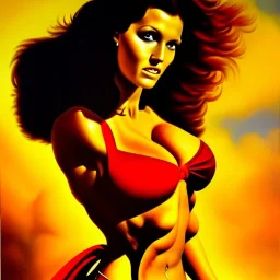 portrait of busty atletic young beautiful Superwoman horseriding Boris Vallejo styles