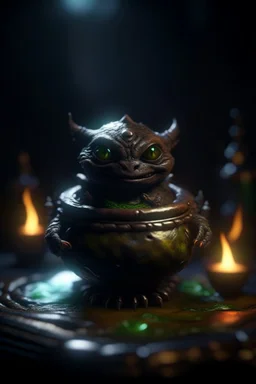 nightmare, cauldron with shining sigil and containing a slightly alien furry gremlin in it, prize winning oil painting, ,bokeh like f/0.8, tilt-shift lens 8k, high detail, smooth render, down-light, unreal engine