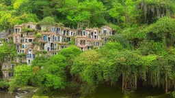 Gigantic mushroom village with balconies, archways, stairs, bridges, bushes, spanish moss, ivy, river, a winding pathway through the middle, in a valley