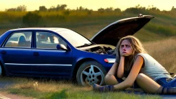 man and crying lady sit in front seat of broken down jetta on side of the road