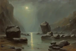 grey sky, rocks, sci-fi, lake, friedrich eckenfelder and henry luyten impressionism paintings