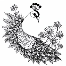 white, A peacock white flower decoration, line art, white background, outline, with images neatly contained within the background, just black and white color, full body, no color. Looking front , front view, 8k