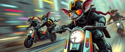 robotic ai pirate nepotism in the style of fallout 4 hi speed rocket ship on leaning scooter in a swing, coated rat gremlin captain in high speed pursuit among neon spy vs spy rat cyber soldiers, with background motion blur, airbrush and pen outline, in the style of Fallout 4 and Cyberpunk and GTA5, huge sun glasses with mirror reflection, tounge out