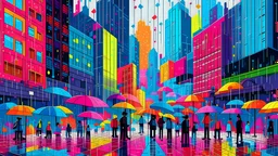 A cityscape where instead of rain, thousands of colorful pixels are falling from the sky, being absorbed by buildings, which are metaphorically representing websites. People walking on the streets carry umbrellas made of cursors, protecting themselves from the pixel rain, illustrating the idea of protecting and updating websites against the constant influx of new digital trends.