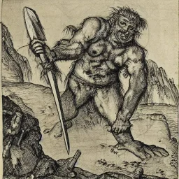 high-angle shot of a [barbarian warrior in loincloth] holing an ((axe)) on a cliff overlooking the sea, monsters in the water by Durer